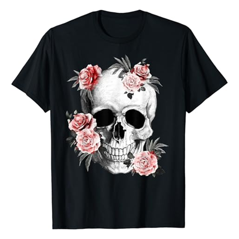 Adult Unisex Floral Sugar Rose Horror Skull Halloween Black T-shirt Costume