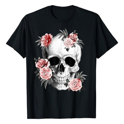 Adult Unisex Floral Sugar Rose Horror Skull Halloween Black T-shirt Costume