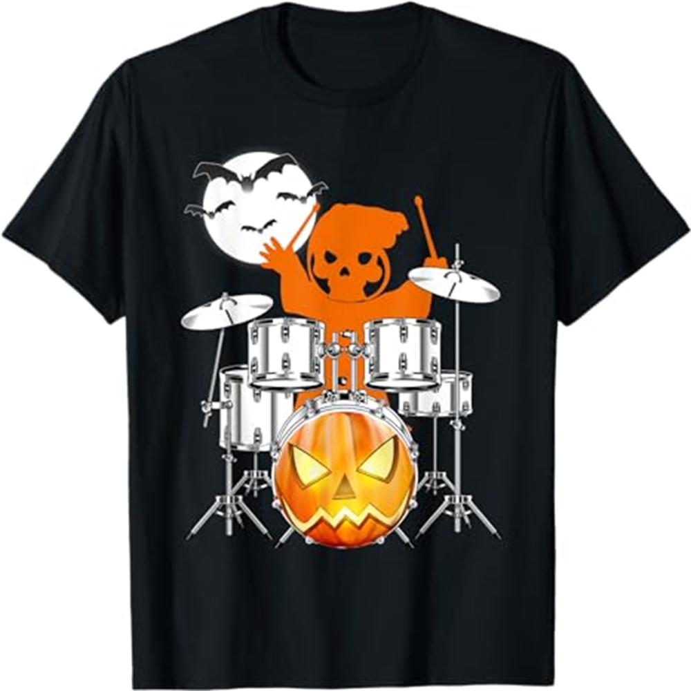 Adult Unisex Ghost Drummer Pumpkins Halloween Black T-shirt Costume