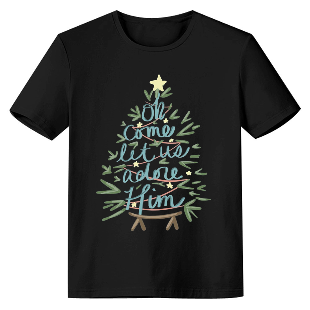Adult Unisex Oh Come Let Us Adore Him Xmas Christmas Festival Black T-shirt
