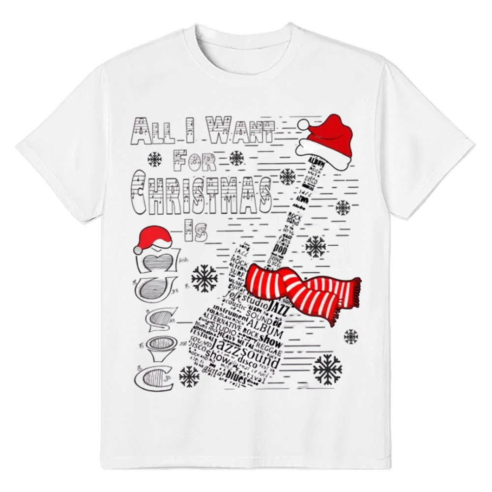 Adult Unisex Guitar Music Christmas Xmas White Festival T-shirt