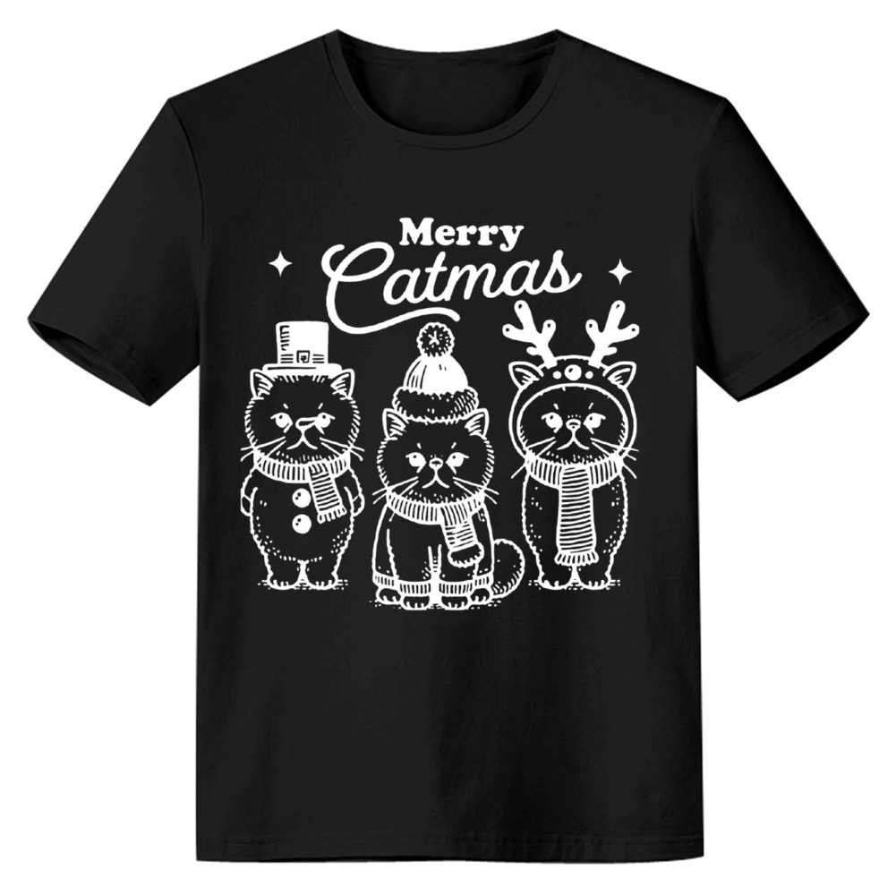 Adult Unisex Merry Catmas Cat Lover Christmas Xmas Black Festival T-shirt