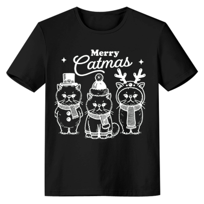 Adult Unisex Merry Catmas Cat Lover Christmas Xmas Black Festival T-shirt