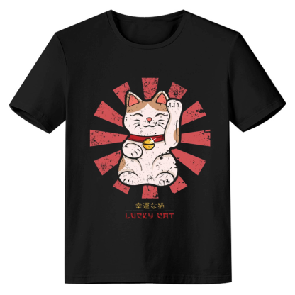 Lucky Cat Retro Japanese Adult Unisex Animals Lover Black T-shirt
