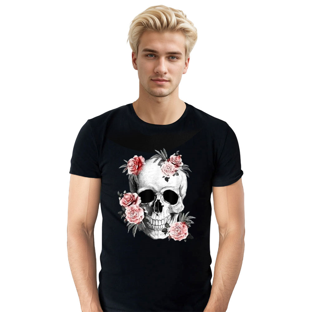 Adult Unisex Floral Sugar Rose Horror Skull Halloween Black T-shirt Costume