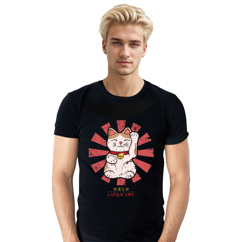 Lucky Cat Retro Japanese Adult Unisex Animals Lover Black T-shirt
