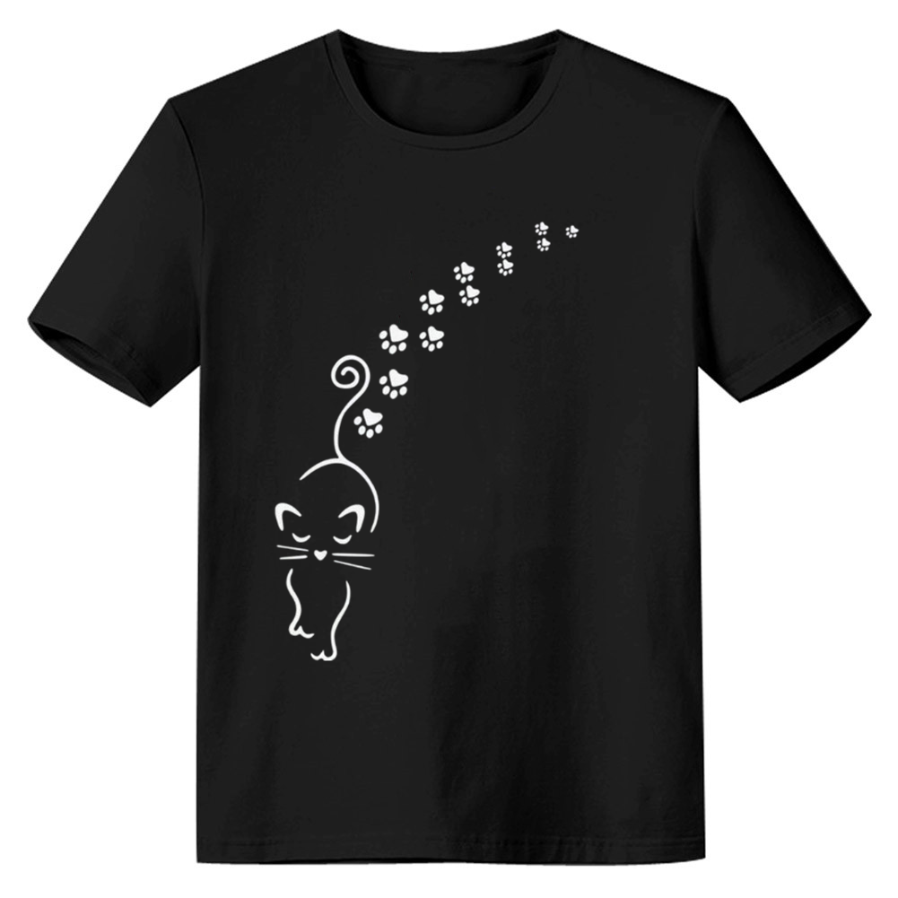 Adult Women Cute Cat Footprint Pet Lover Black T-shirt Costume