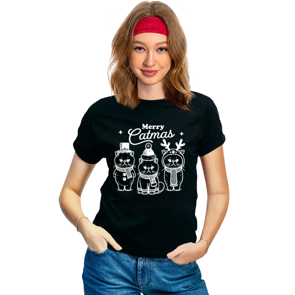 Adult Unisex Merry Catmas Cat Lover Christmas Xmas Black Festival T-shirt