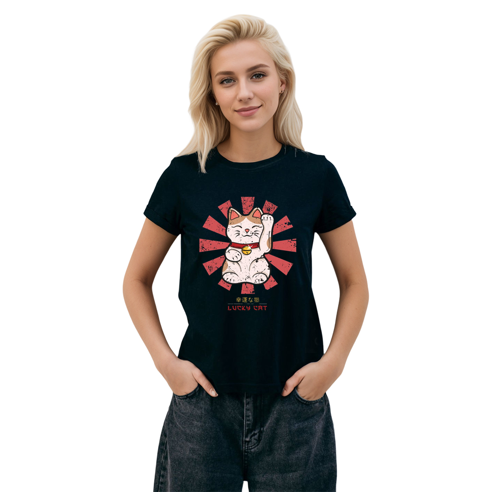 Lucky Cat Retro Japanese Adult Unisex Animals Lover Black T-shirt