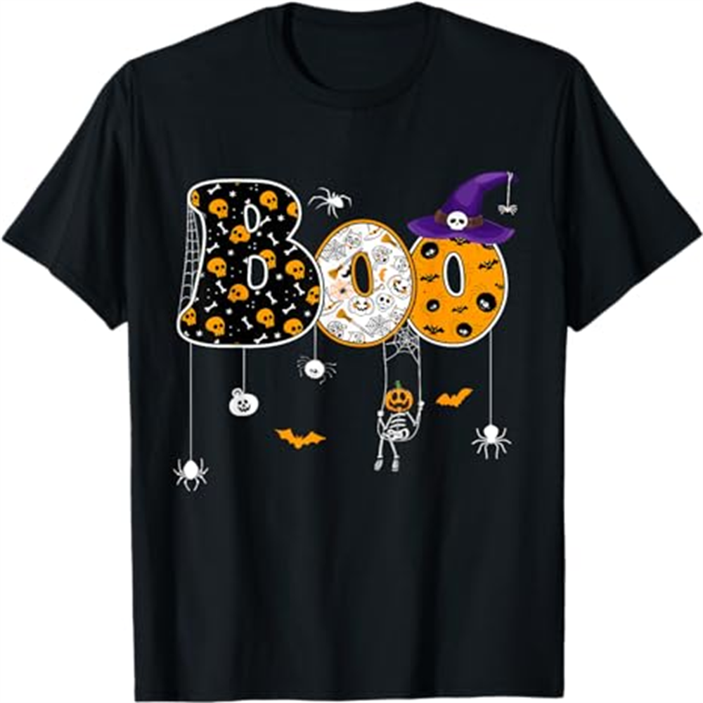 Adult Unisex Spiders Pumpkin Witch Hat Halloween Black T-shirt Costume