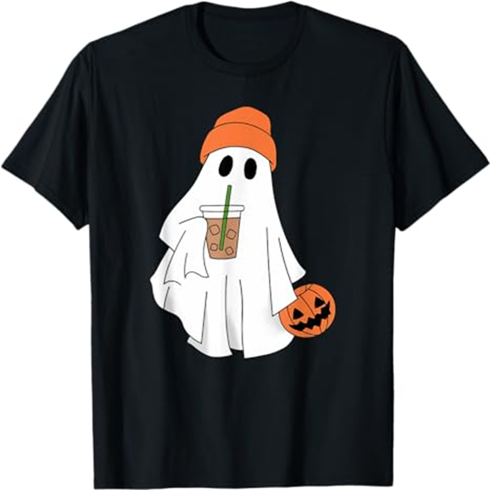 Adult Unisex Ghost Drinking Coffee Halloween Black T-shirt Costume
