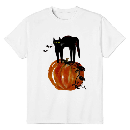Adult Unisex Halloween Cat On Pumpkin White T-shirt Costume