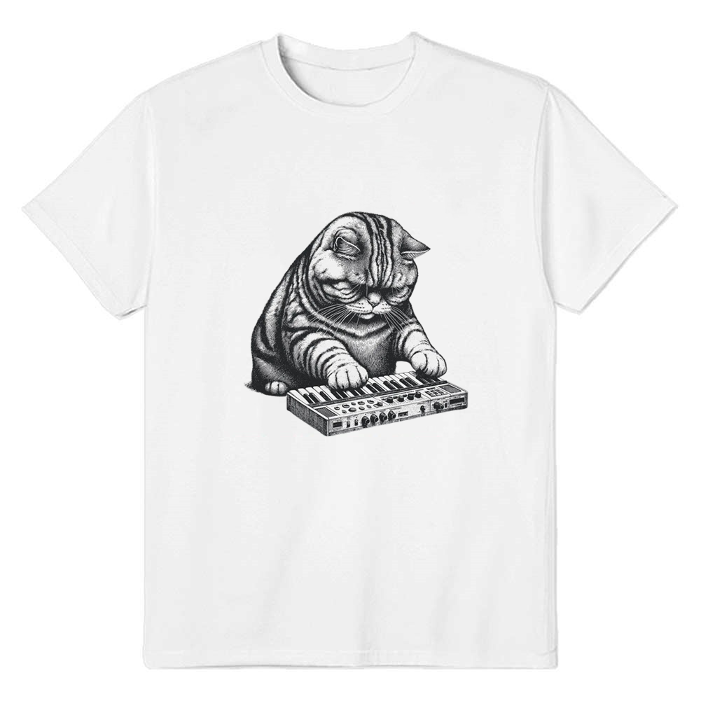 Adult Unisex Cat Playing Synthesizer White Music Lover T-shirt