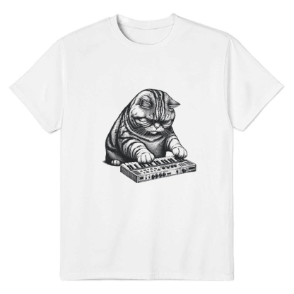 Adult Unisex Cat Playing Synthesizer White Music Lover T-shirt