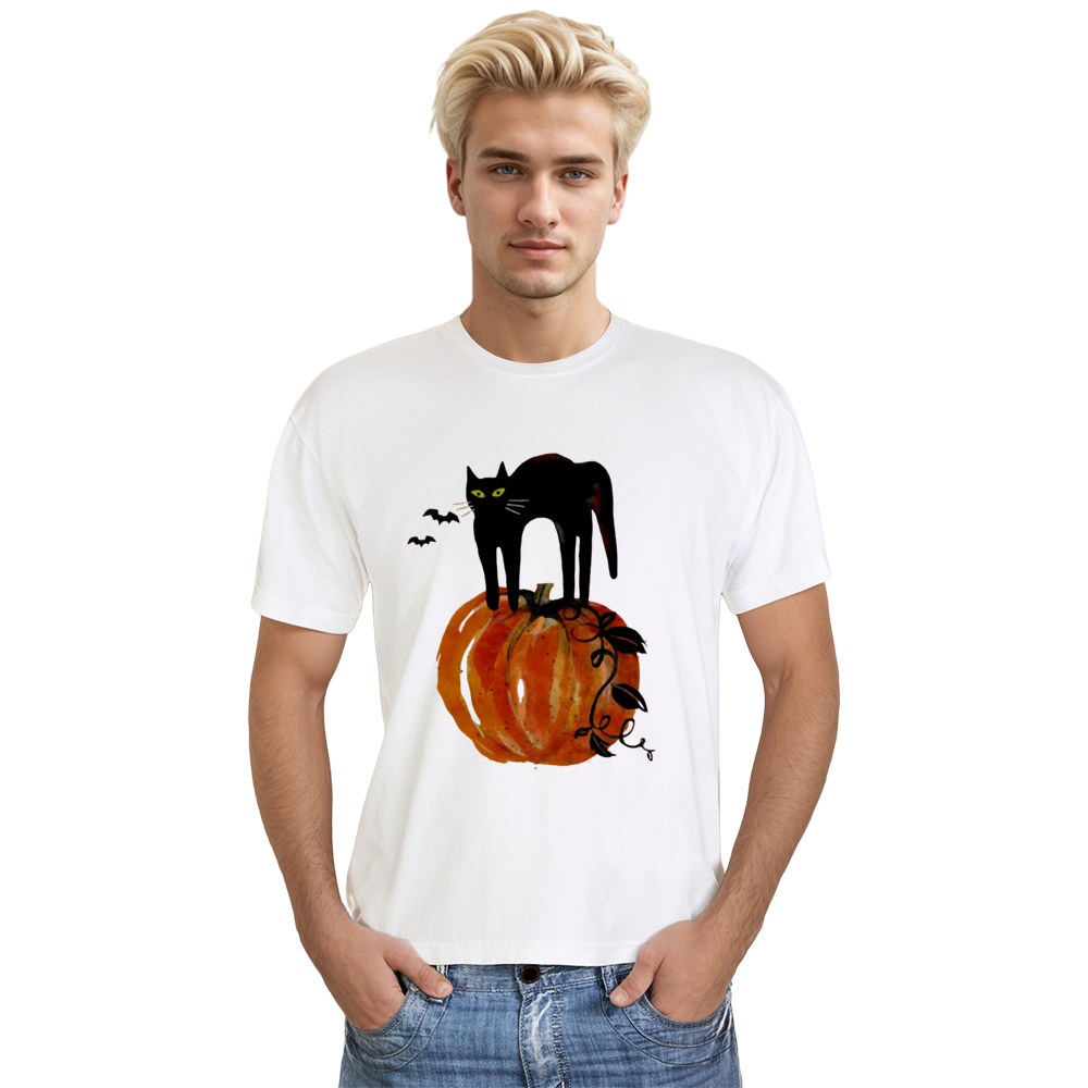 Adult Unisex Halloween Cat On Pumpkin White T-shirt Costume