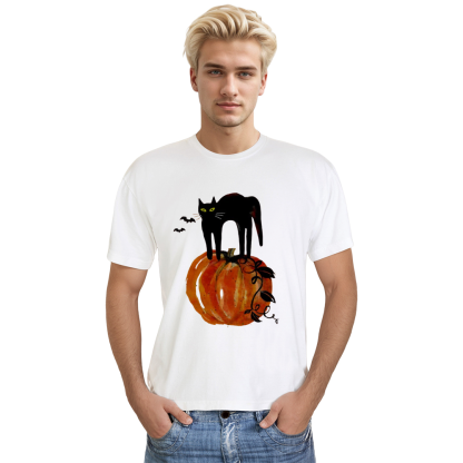 Adult Unisex Halloween Cat On Pumpkin White T-shirt Costume