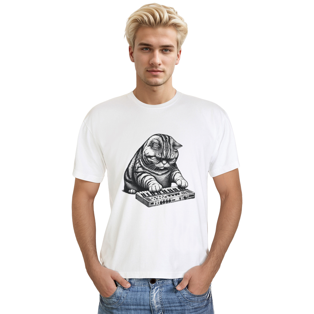 Adult Unisex Cat Playing Synthesizer White Music Lover T-shirt