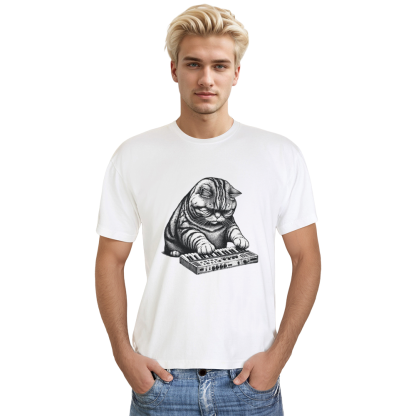 Adult Unisex Cat Playing Synthesizer White Music Lover T-shirt