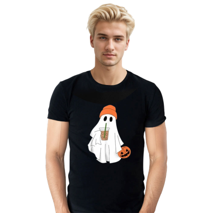 Adult Unisex Ghost Drinking Coffee Halloween Black T-shirt Costume