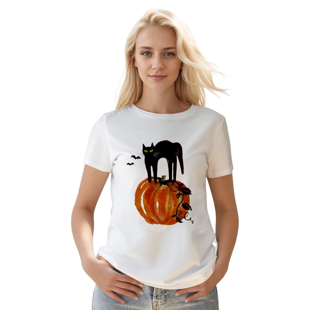 Adult Unisex Halloween Cat On Pumpkin White T-shirt Costume