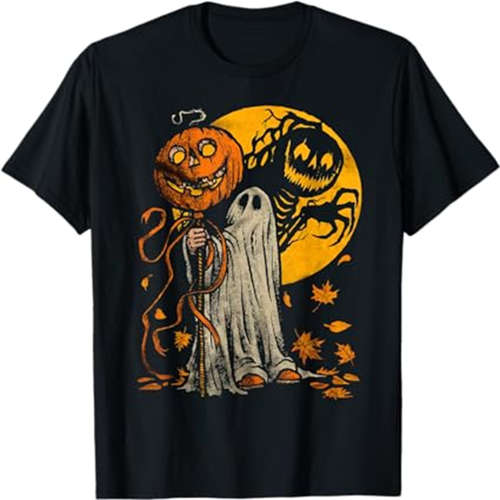 Adult Unisex Pumpkin Ghost Graphic Art Halloween Black T-shirt Costume