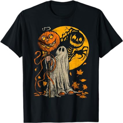 Adult Unisex Pumpkin Ghost Graphic Art Halloween Black T-shirt Costume
