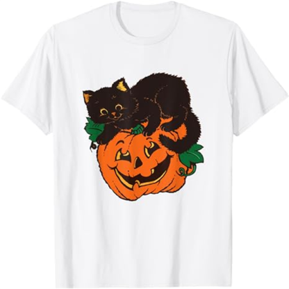 Adult Unisex Pumpkin And Cat Halloween White T-shirt Costume