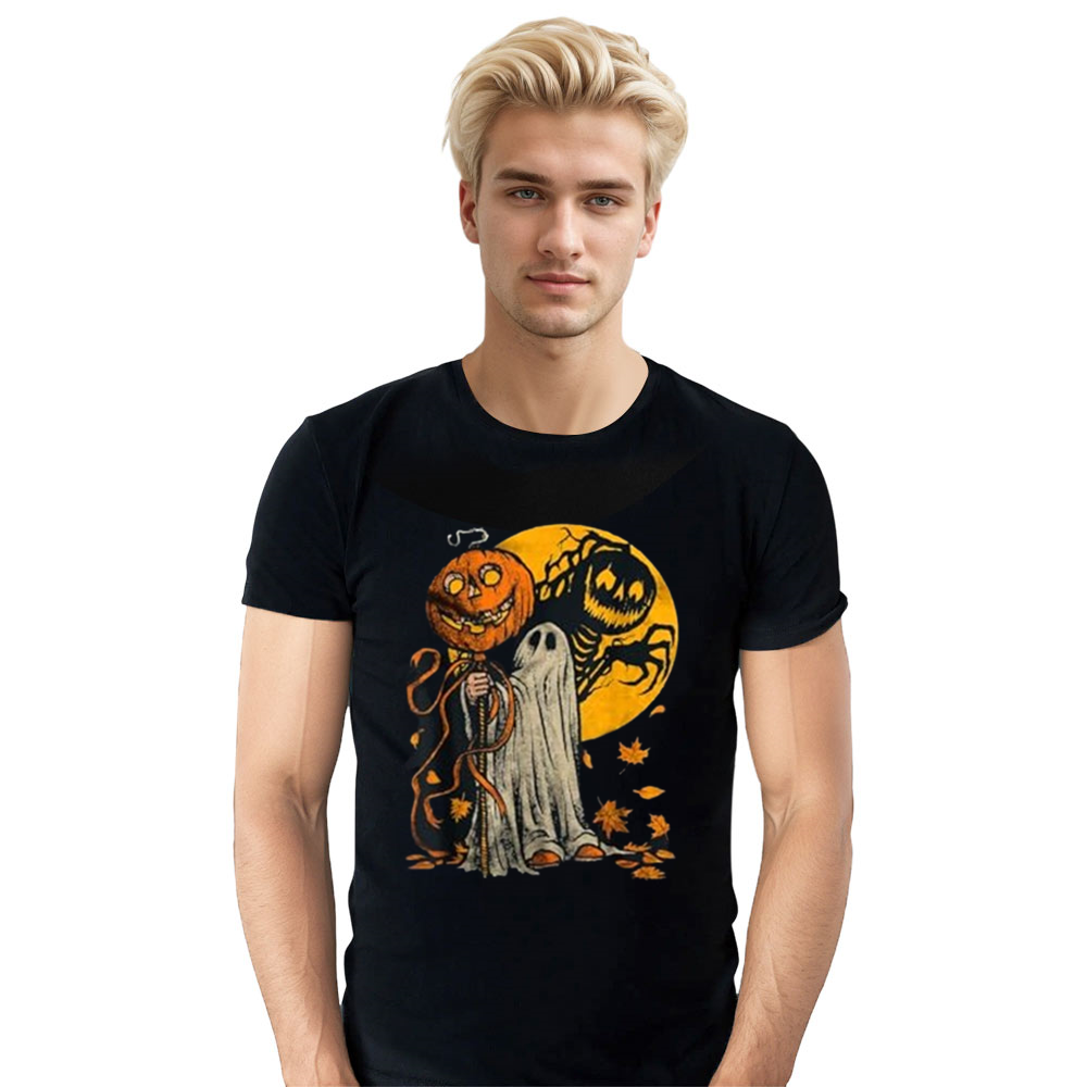Adult Unisex Pumpkin Ghost Graphic Art Halloween Black T-shirt Costume