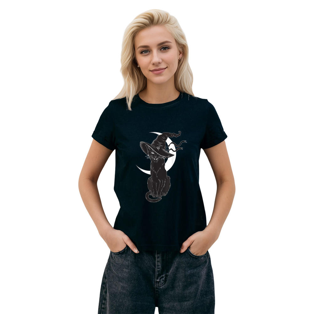Adult Woman Black Cat  Witch Halloween Black T-shirt Costume