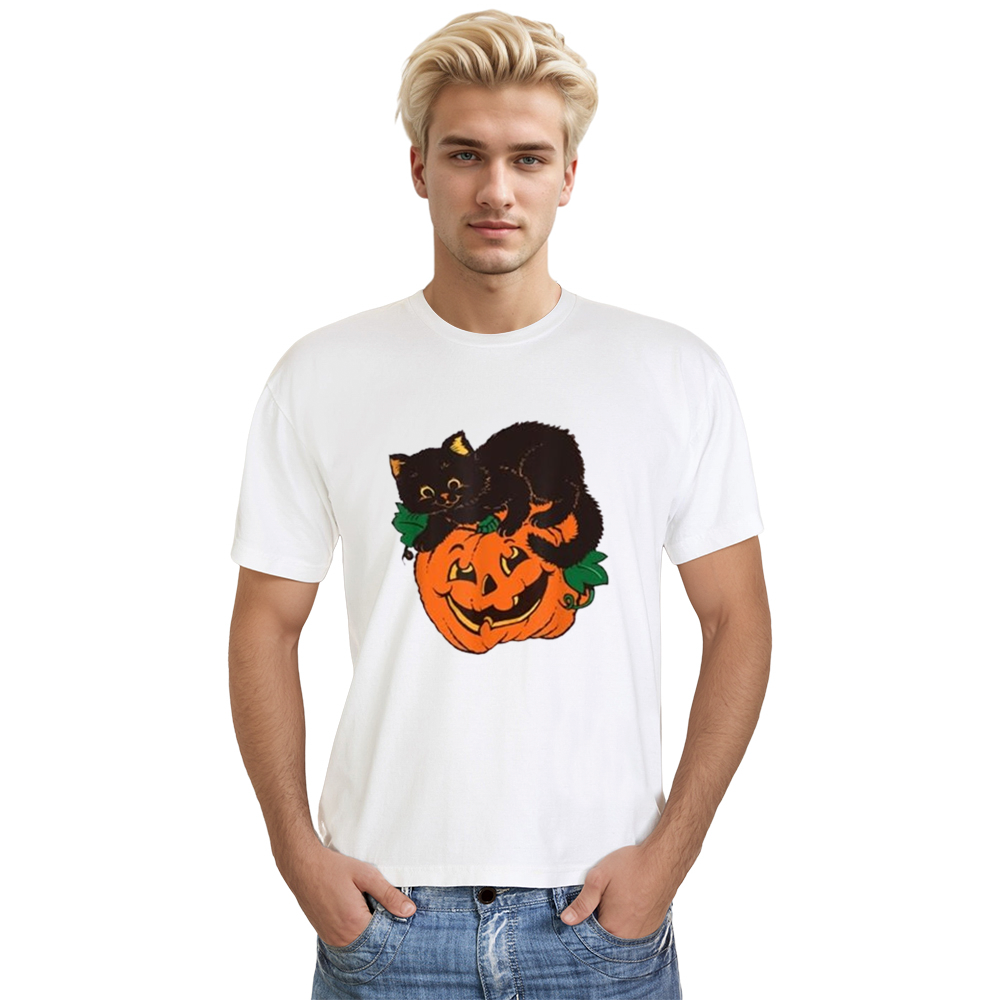 Adult Unisex Pumpkin And Cat Halloween White T-shirt Costume