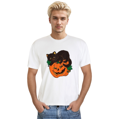 Adult Unisex Pumpkin And Cat Halloween White T-shirt Costume