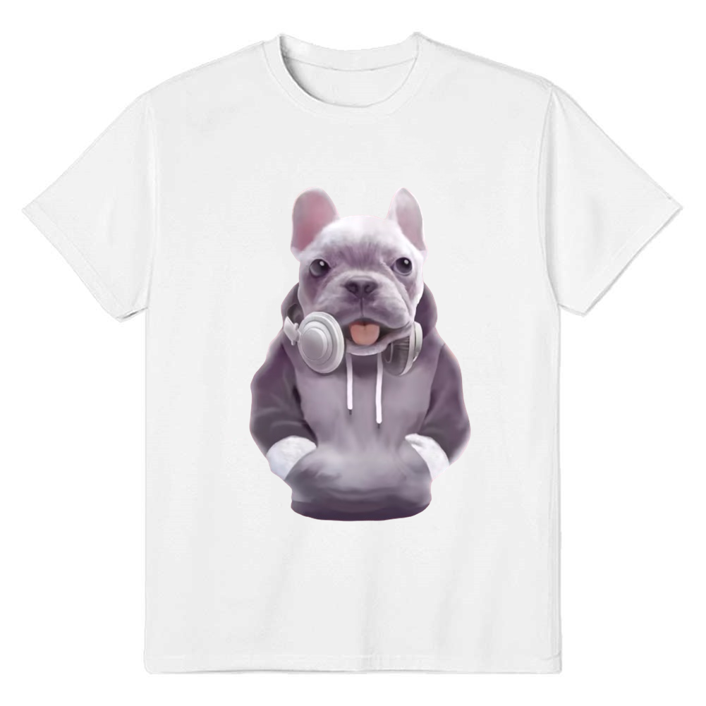 French Bulldog With Headphones Adult Unisex Dog Lover White T-shirt