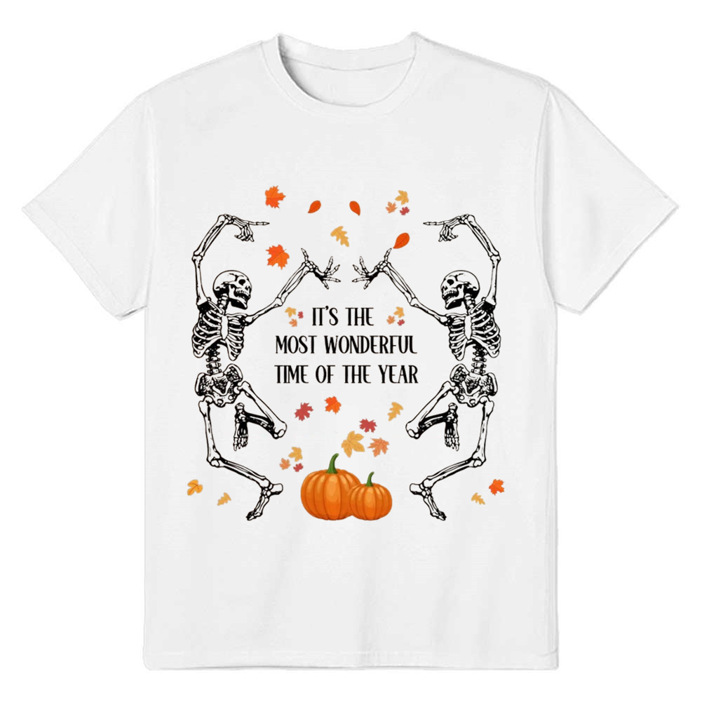 Adult Unisex Halloween Dancing Skeletons Pumpkin White T-shirt Costume
