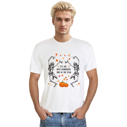 Adult Unisex Halloween Dancing Skeletons Pumpkin White T-shirt Costume