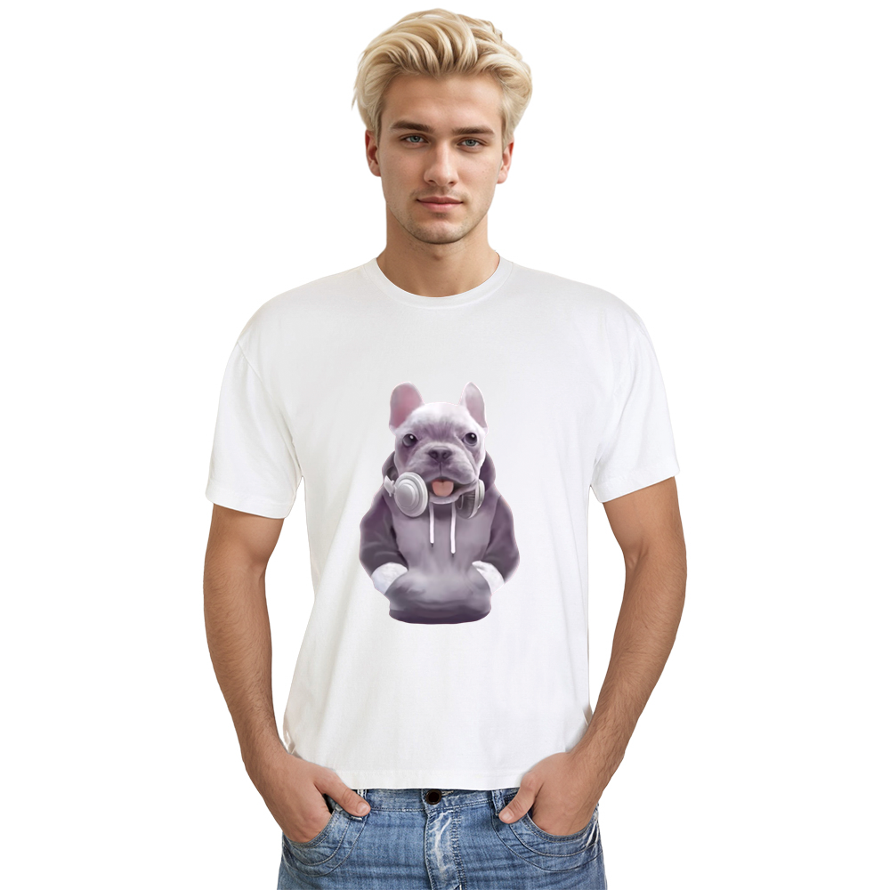 French Bulldog With Headphones Adult Unisex Dog Lover White T-shirt