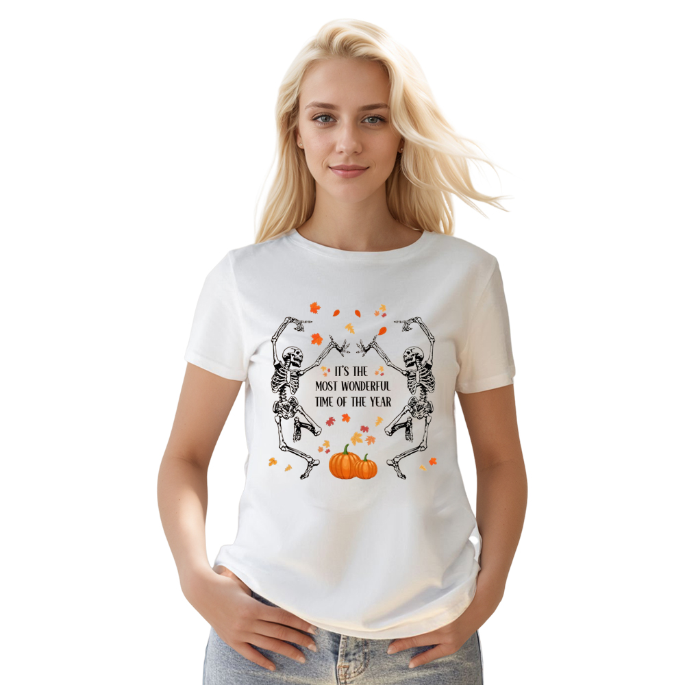Adult Unisex Halloween Dancing Skeletons Pumpkin White T-shirt Costume