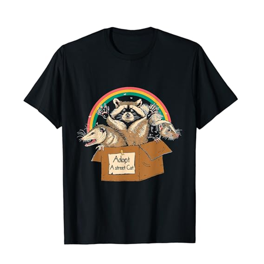 Adult Adopt A Street Cat Funny Raccoon Vintage Black Short Sleeve T-shirt Outfits Top Costume