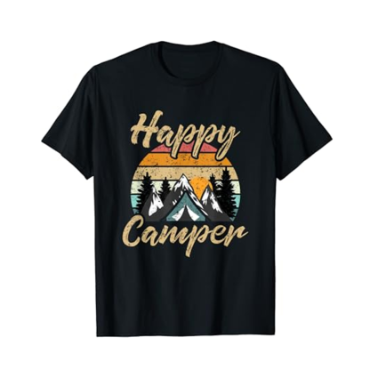 Adult Funny Camping Hiking Lover Present Happy Camper Black Short Sleeve T-shirt Outfits Top Costume