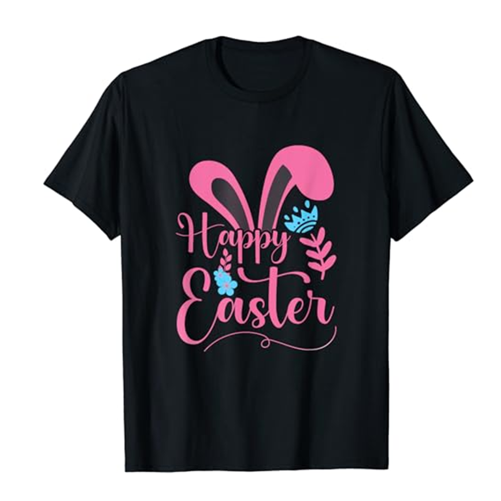 Adult Unisex Happy Easter Pink Letter Black Short Sleeve T-shirt Outfits Top Costume