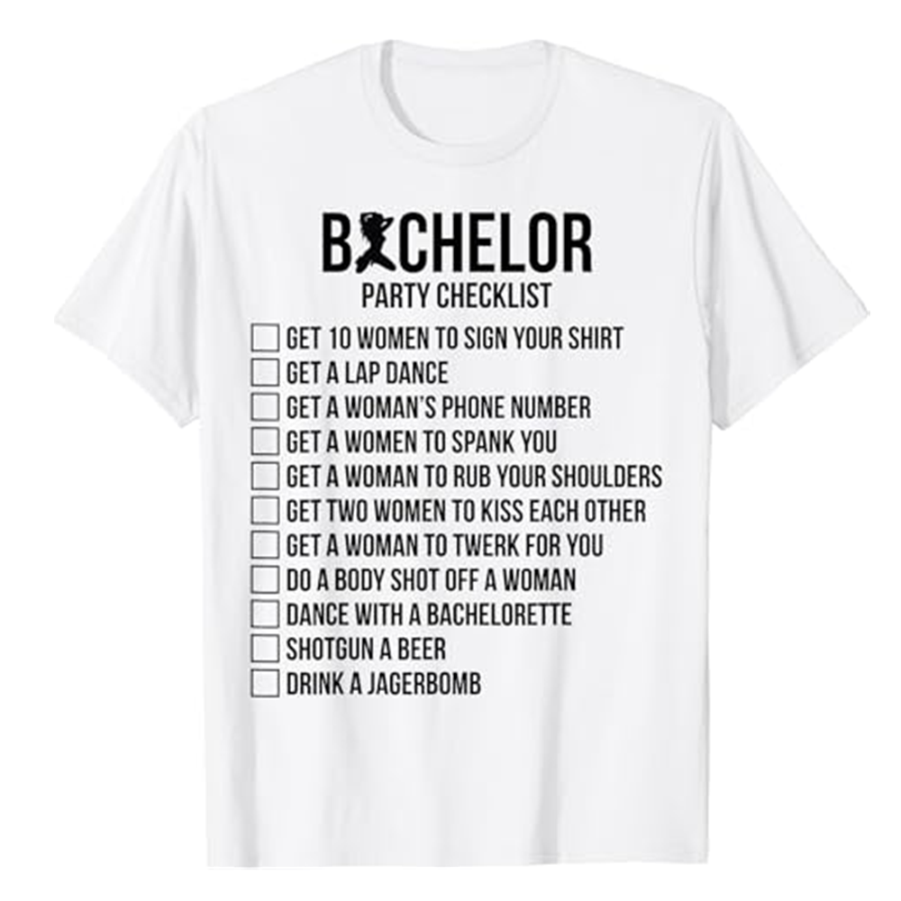 Adult Men Bachelor Supplies Party Checklist Funny White T-shirt Costume