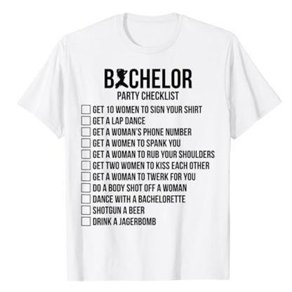 Adult Men Bachelor Supplies Party Checklist Funny White T-shirt Costume