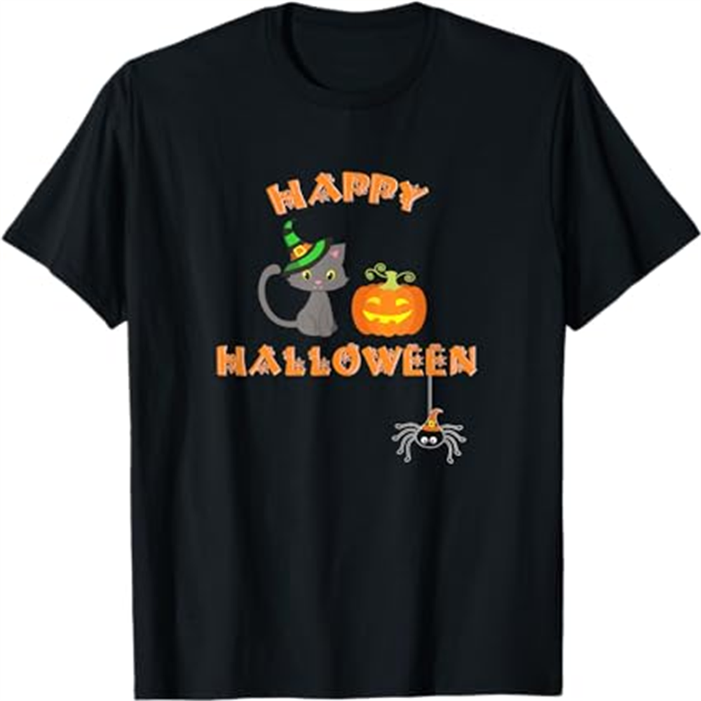 Adult Unisex Happy Pumpkin Cat Spider Halloween Black T-shirt Costume
