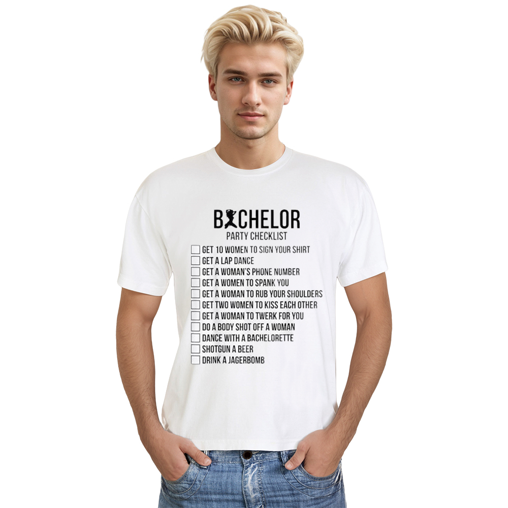 Adult Men Bachelor Supplies Party Checklist Funny White T-shirt Costume