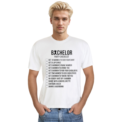 Adult Men Bachelor Supplies Party Checklist Funny White T-shirt Costume