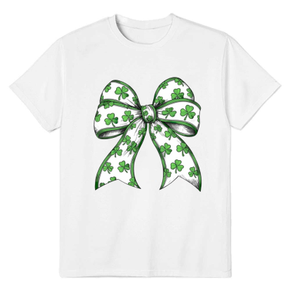 Retro Bow Lucky Shamrock Adult Unisex St. Patrick's Day White T-shirt