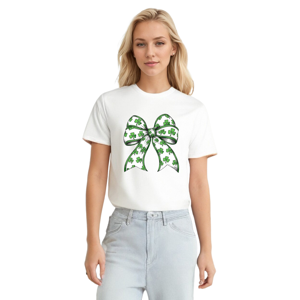 Retro Bow Lucky Shamrock Adult Unisex St. Patrick's Day White T-shirt