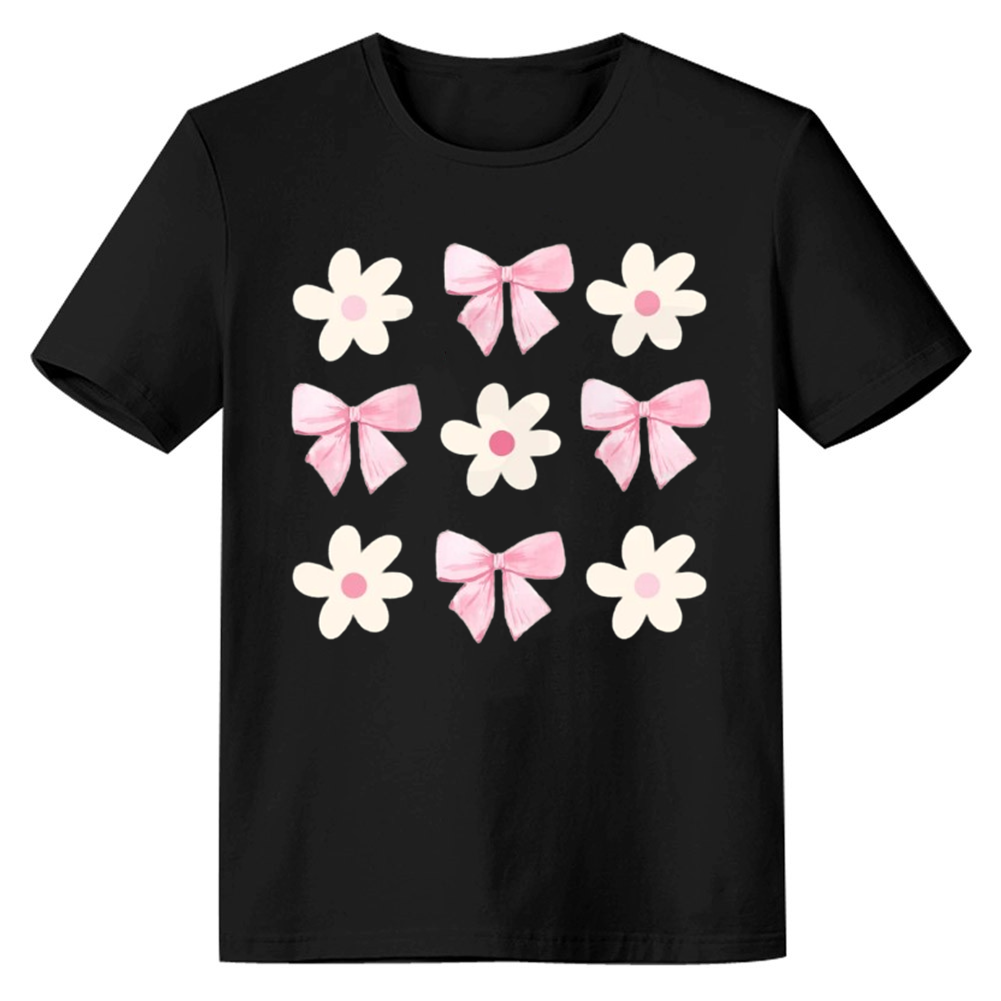 Adult Woman Summer Cute Bow Pink Flower Black T-shirt Costume