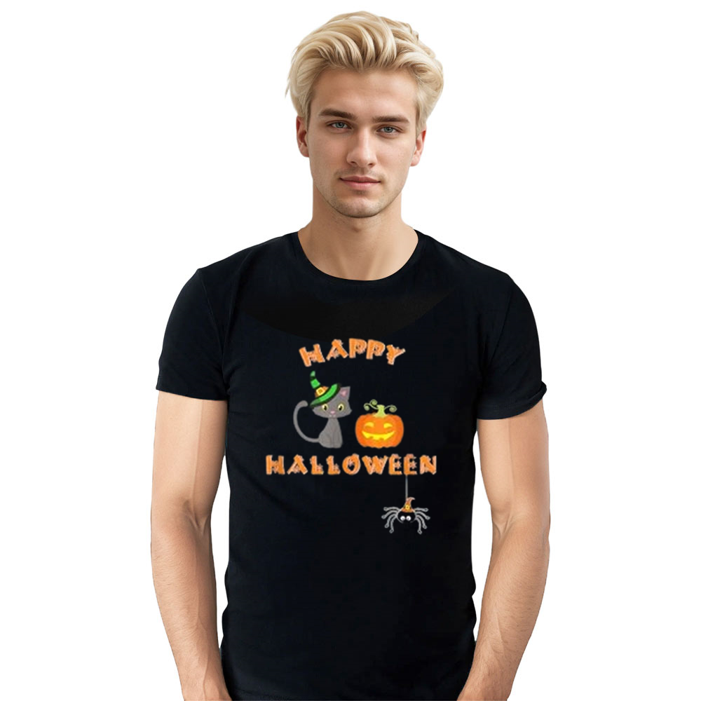 Adult Unisex Happy Pumpkin Cat Spider Halloween Black T-shirt Costume