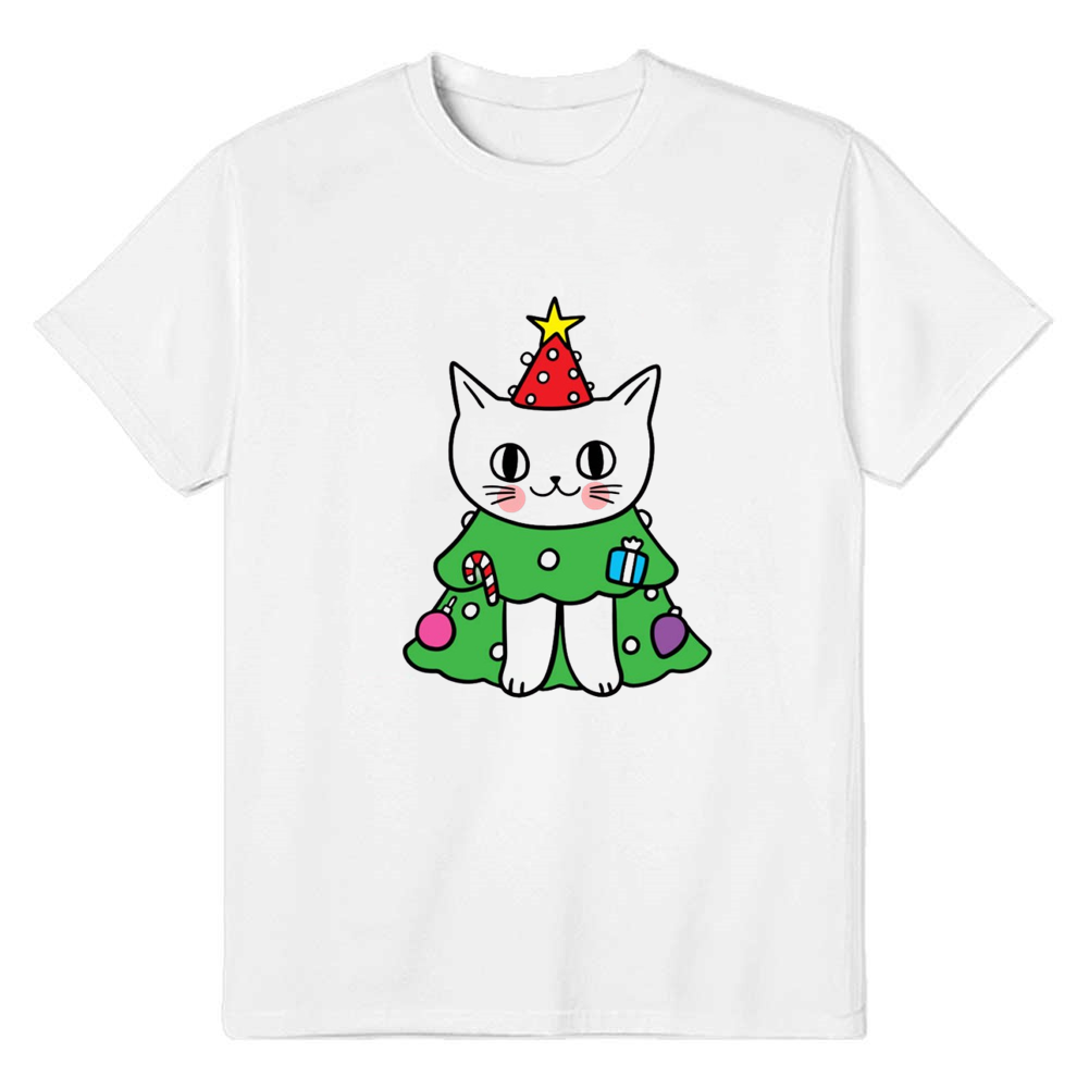Adult Unisex Christmas Tree Cute Cat White Festival T-shirt