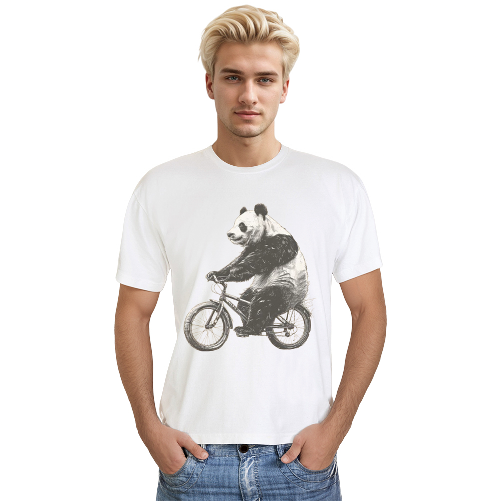 Adult Unisex Panda Riding Bike Wild Animals Nature Lover White T-shirt Costume